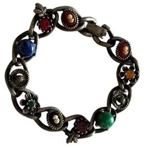 Victorian Revival Cameo Art Glass Bracelet Silver Tone Circle Multi Color Link